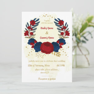 Rot- und Marineblumen Goldblumen Blätter Hochzeit Einladung