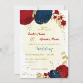 Rot- und Marineblumen Goldblumen Blätter Hochzeit Einladung (Vorderseite)