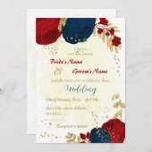Rot- und Marineblumen Goldblumen Blätter Hochzeit Einladung (Vorne/Hinten)
