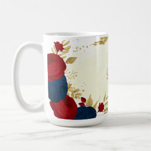 Rot- und Marineblumen Goldblumen Blätter Hochzeit Kaffeetasse