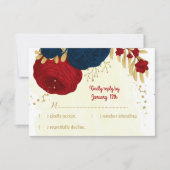 Rot- und Marineblumen Goldblumen Blätter Hochzeit RSVP Karte (Vorderseite)