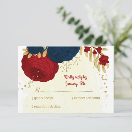 Rot- und Marineblumen Goldblumen Blätter Hochzeit RSVP Karte (Stehend Vorderseite)
