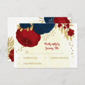 Rot- und Marineblumen Goldblumen Blätter Hochzeit RSVP Karte (Vorne/Hinten)