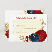 Rot- und Marineblumen Goldblumen Blätter Hochzeit RSVP Karte (Vorne/Hinten)