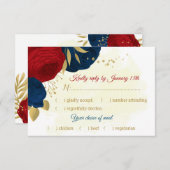 Rot- und Marineblumen, Goldblumen, Blätter zum Ess RSVP Karte (Vorne/Hinten)