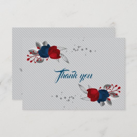 Rot- und Marineblumen, graue Blätter Dankeskarte (Vorne/Hinten)