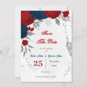 Rot- und Marineblumen, silber Save The Date (Vorderseite)