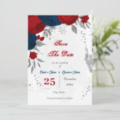 Rot- und Marineblumen, silber Save The Date (Stehend Vorderseite)