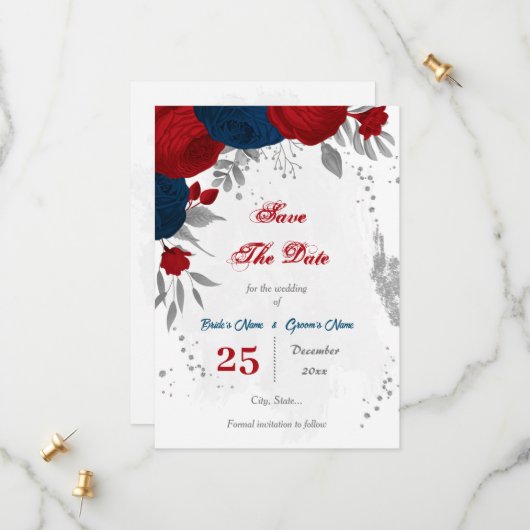 Rot- und Marineblumen, silber Save The Date (Vorderseite/Rückseite Beispiel)