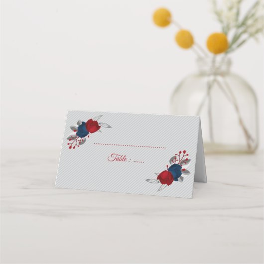 Rot- und Marineblumen, silberne Blätter grau Platzkarte (Vorderseite)