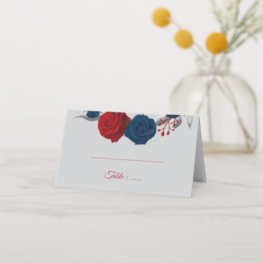 Rot- und Marineblumen, silberne Blätter grau Platzkarte (Vorderseite)