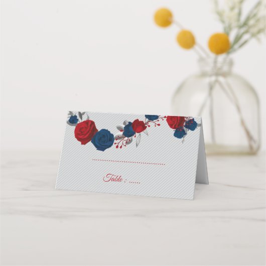 Rot- und Marineblumen, silberne Blätter grau Platzkarte (Vorderseite)