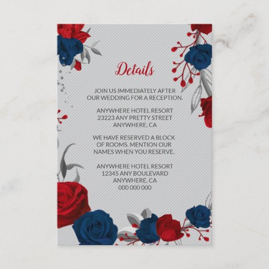 Rot- und Marineblumen, silberne Blätter im Detail Begleitkarte (Vorderseite)