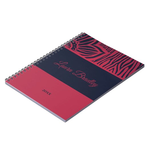 Rot und Navy Blauer Zebra Linocut Name & Jahr Notizblock (Linke Seite)
