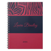 Rot und Navy Blauer Zebra Linocut Name & Jahr Notizblock (Vorderseite)