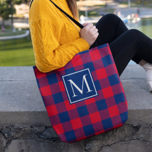 Rot und Navy Blue Buffalo Kariert Mit Monogramm Tasche