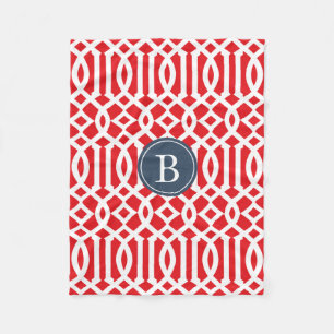 Rot und Navy Blue Trellis Muster Monogram Fleecedecke