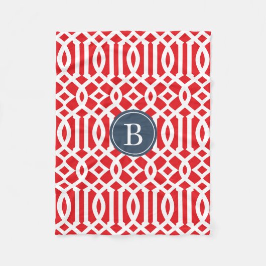 Rot und Navy Blue Trellis Muster Monogram Fleecedecke (Vorderseite)