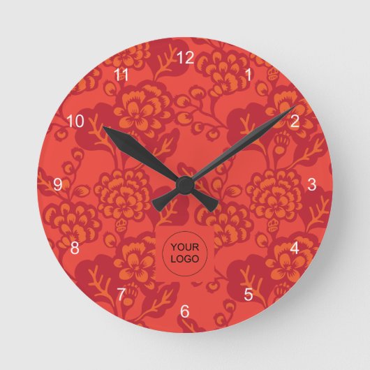 Rot und Orange Vibranand Bold Floral Pattern Runde Wanduhr (Vorderseite)