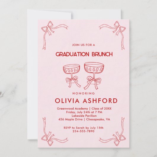 Rot und Rosa Eleganter Brunch Abschluss Einladung (Vorderseite)