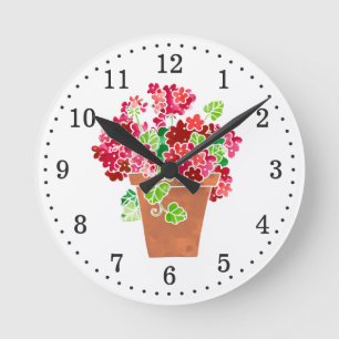 Rot und Rosa Geranien in Pot Floral Runde Wanduhr