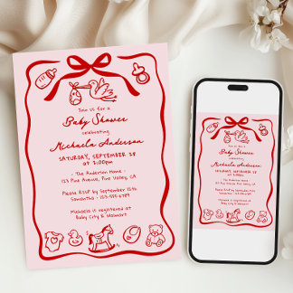 Rot und rosa handgezogene Doodle Whimsical Baby Du Einladung