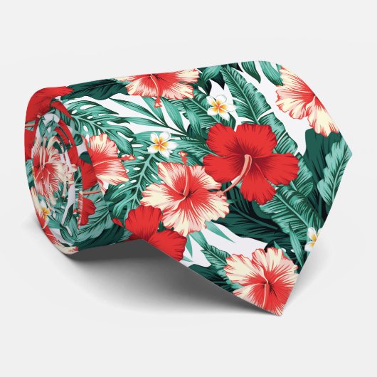 Rot und Rosa Hibiskus Blume Neck Tie Krawatte (Gerollt)