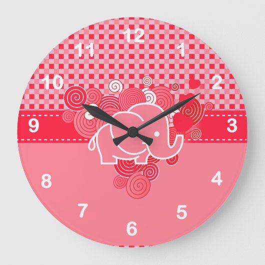 Rot und Rosa Kariert mit Baby Elephant Große Wanduhr (Vorderseite)