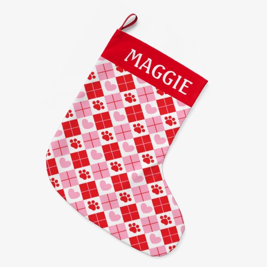 Rot und Rosa Raute Paw Print & Heart Pattern Großer Weihnachtsstrumpf (Vorderansicht (hängend))