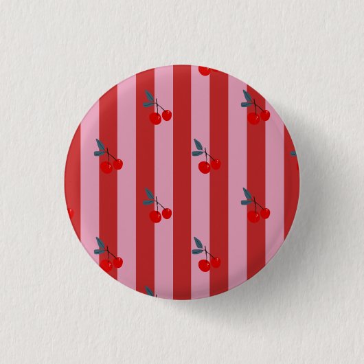 Rot und rosa Streifendesign mit Kirschen Karte Button (Vorderseite)