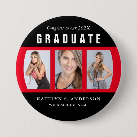 Rot und Schwarz-Abschluss-FotoCollage benutzerdefi Button (Vorderseite)