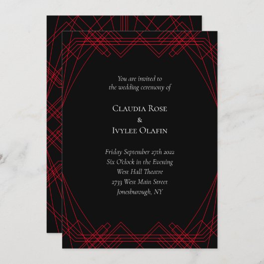 Rot und Schwarz Art Deco Gotische Hochzeitsreise Einladung (Vorne/Hinten)