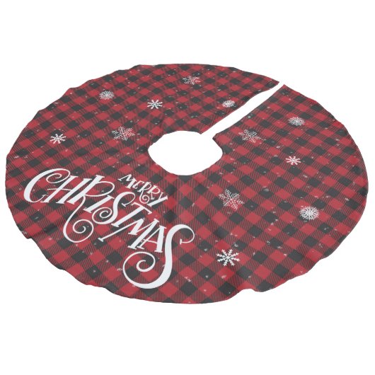 Rot und Schwarz Buffalo Kariert und Schneeflocken Leinenimitat Weihnachtsbaumdecke (Schrägansicht)