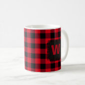 Rot und Schwarz Buffalo Karo Monogram Kaffeetasse (VorderseiteRechts)