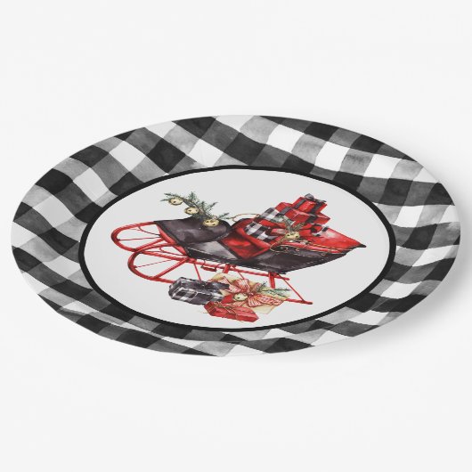 Rot und Schwarz Buffalo Karo Schlitten und Packung Pappteller (Schrägansicht)