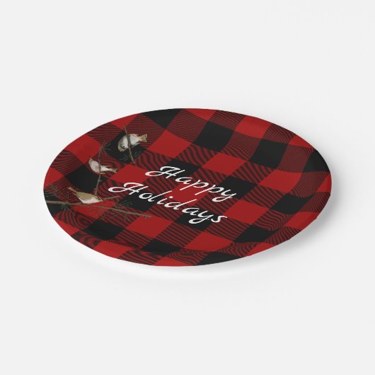 Rot und schwarz Büffel Happy Holidays Pappteller (Schrägansicht)