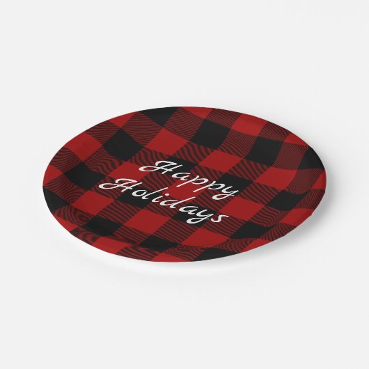 Rot und schwarz Büffel Happy Holidays Pappteller (Schrägansicht)