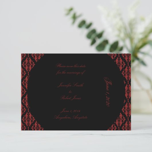 Rot und schwarz Damask Gothic Wedding Save the Dat Save The Date (Stehend Vorderseite)