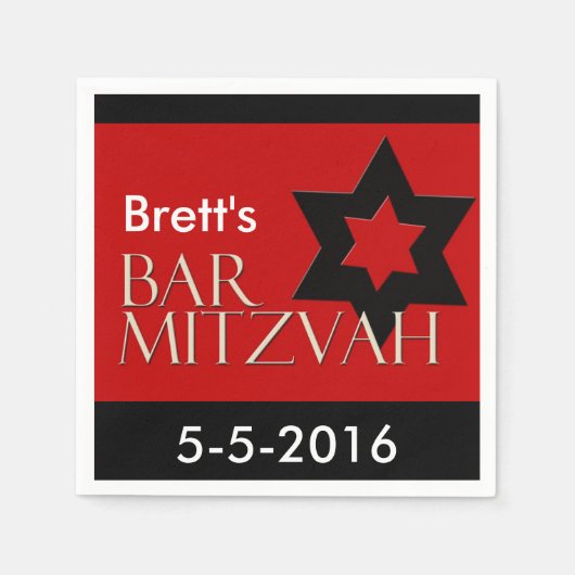 Rot und Schwarz Designer Bar Mitzvah Napkins Serviette (Vorderseite)