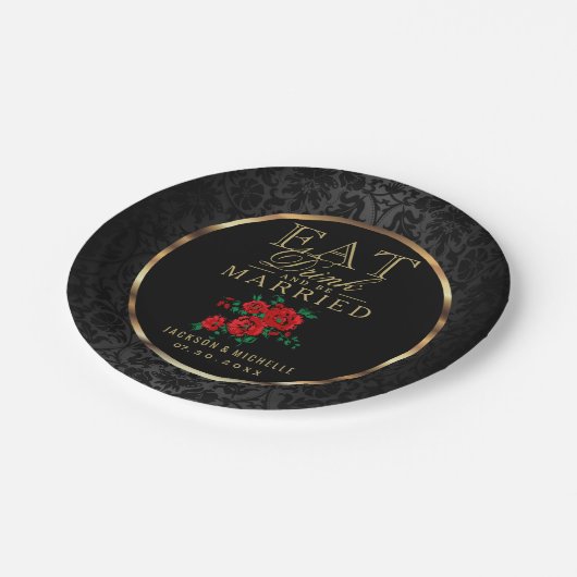 Rot und Schwarz - essen, trinken und Verheiratet s Pappteller (Schrägansicht)