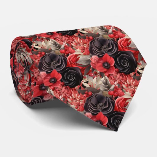 Rot und Schwarz Goth Wasserfarbe Floral Neck Tie Krawatte (Gerollt)