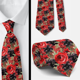 Rot und Schwarz Goth Wasserfarbe Floral Neck Tie Krawatte