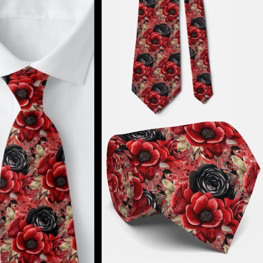 Rot und Schwarz Goth Wasserfarbe Floral Neck Tie Krawatte