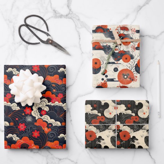 Rot und Schwarz Japandi Oriental Geschenkpapier Set (Vorderseite)