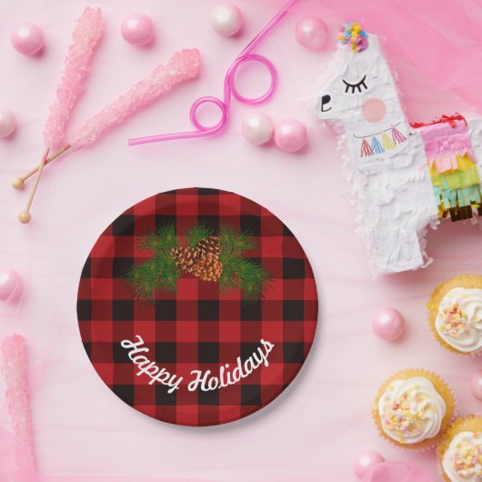 Rot und Schwarz kariert - Kiefernzapfen Pappteller (Party)