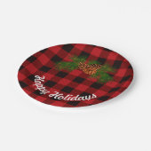 Rot und Schwarz kariert - Kiefernzapfen Pappteller (Schrägansicht)