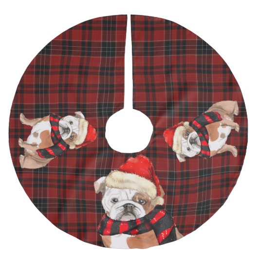 Rot und Schwarz Kariert mit English Bulldog Christ Polyester Weihnachtsbaumdecke (Vorderseite)