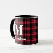 Rot und Schwarz Kariert mit Monogrammname Tasse (Vorderseite Links)