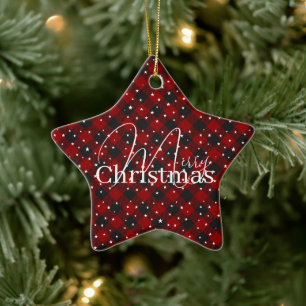 Rot und schwarz kariert mit Sternen Keramikschmuck Keramik Ornament