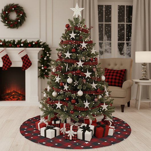 Rot und Schwarz kariert mit Sternen Polyester Weihnachtsbaumdecke